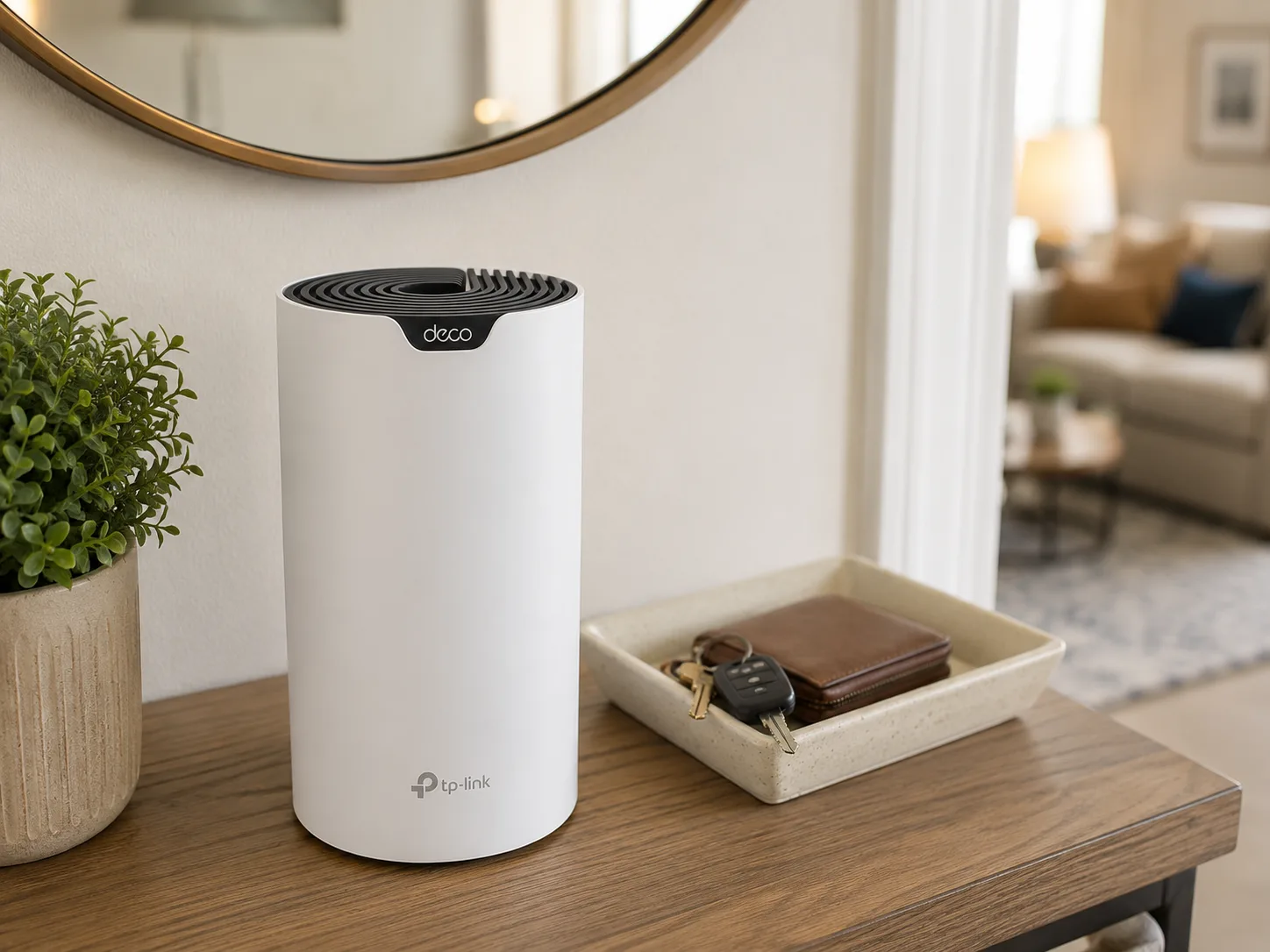 System Wi-Fi mesh TP-Link Deco S7 stojący na komodzie w przedpokoju